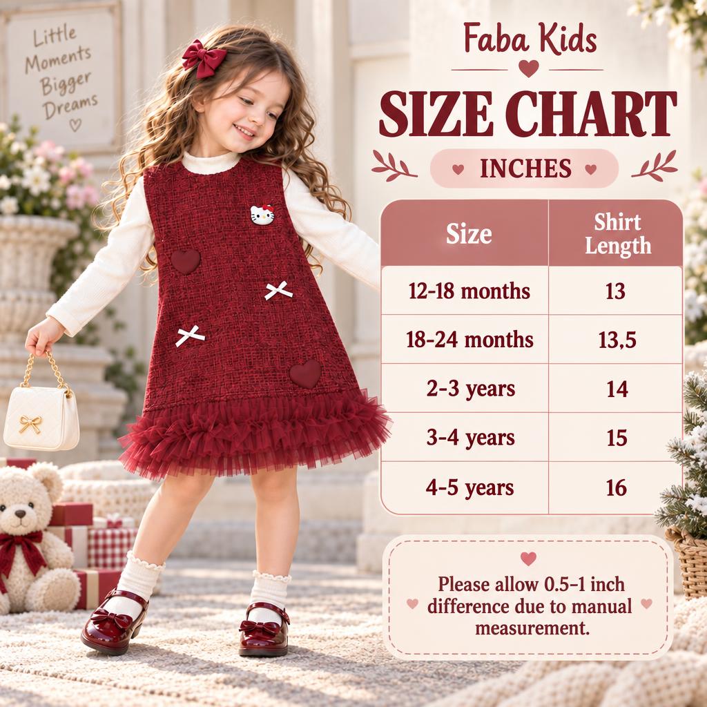 Faba Kids size chart for the girls Burgundy frock and White shirt set, covering 12–18 months through 4–5 years with lengths in inches.