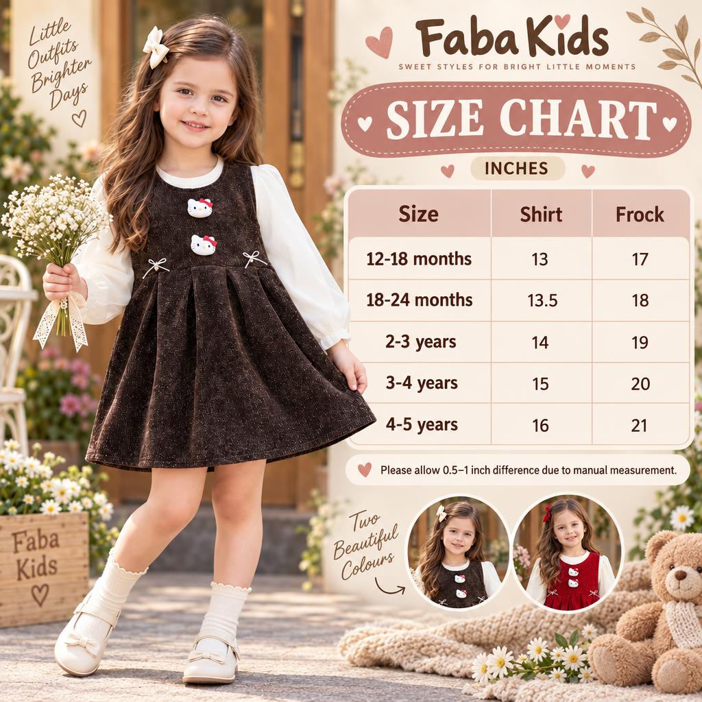 Faba Kids size chart for the girls shirt and frock set in Brown and Red, showing sizes from 12–18 months to 4–5 years.