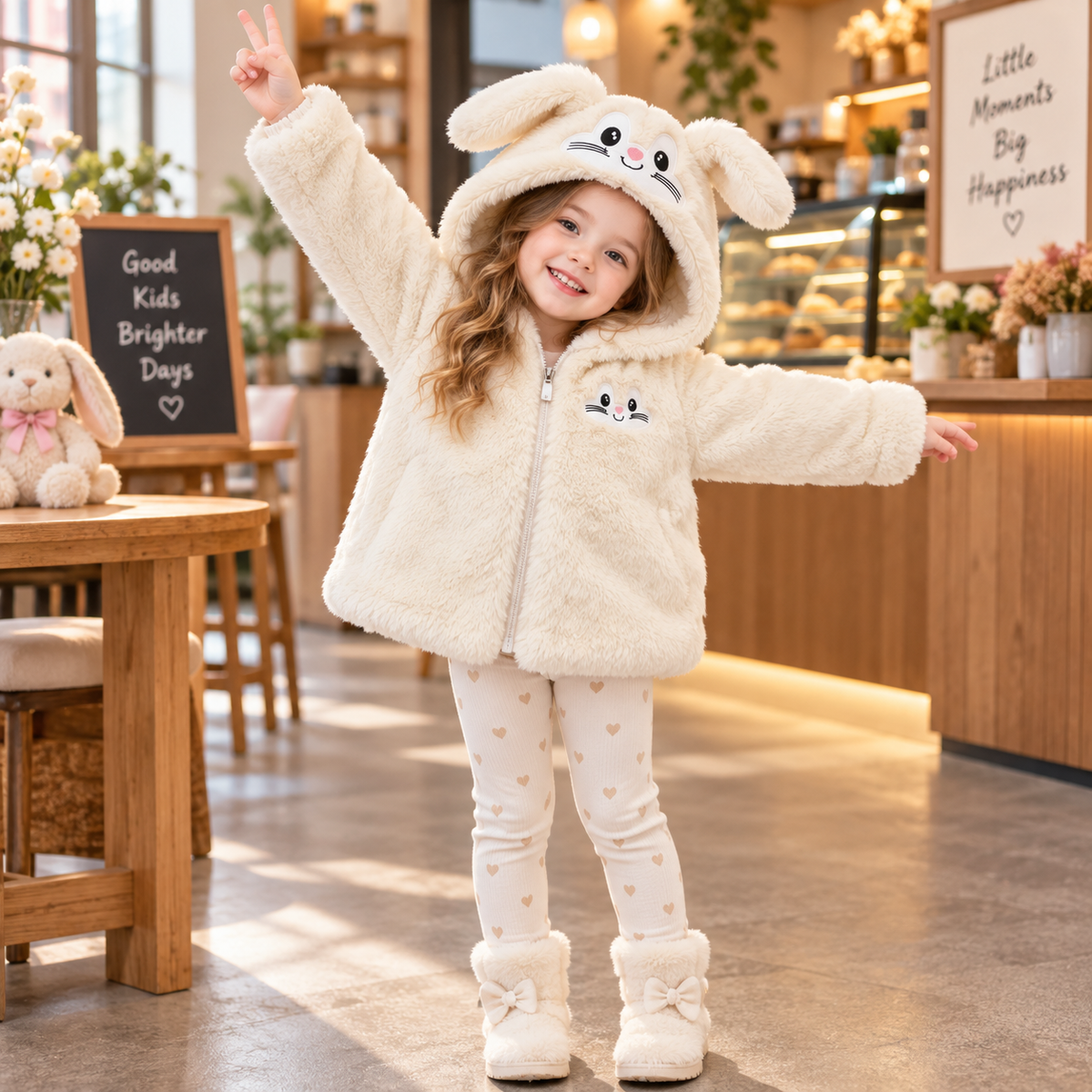 Cream bunny fur hooded jacket for girls - Faba Kids