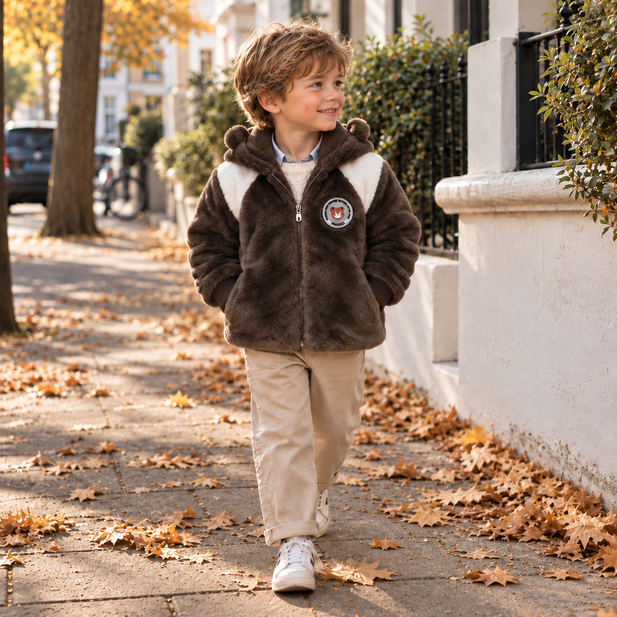 Brown teddy fur hooded jacket for boys - Faba Kids