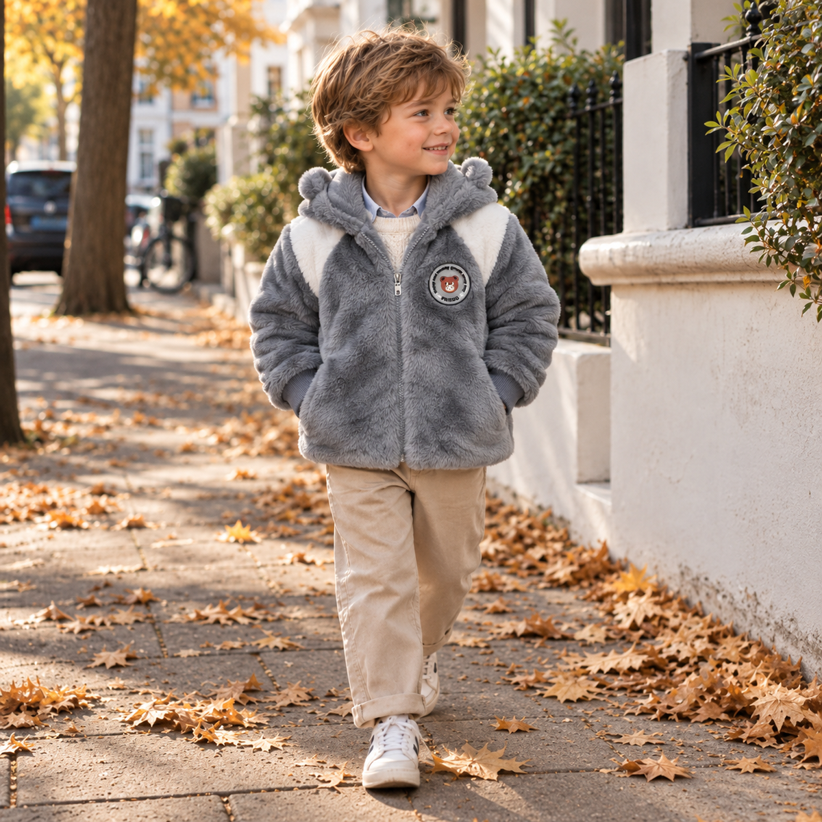 Grey teddy fur hooded jacket for boys - Faba Kids
