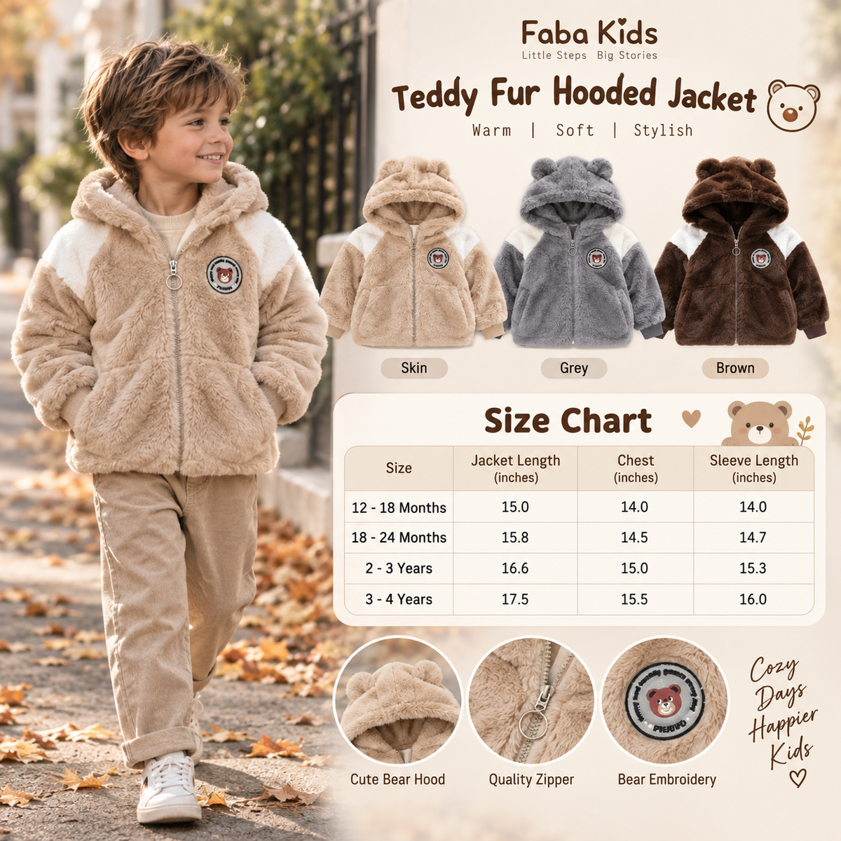 Teddy fur hooded jacket size chart in inches - Faba Kids
