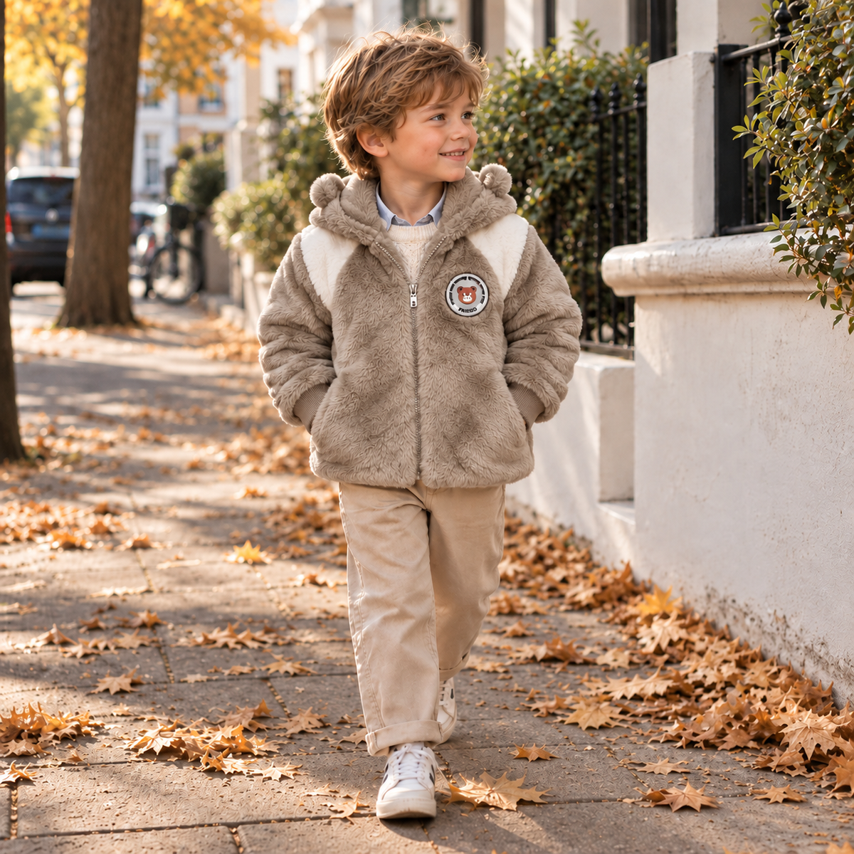 White teddy fur hooded jacket for boys - Faba Kids