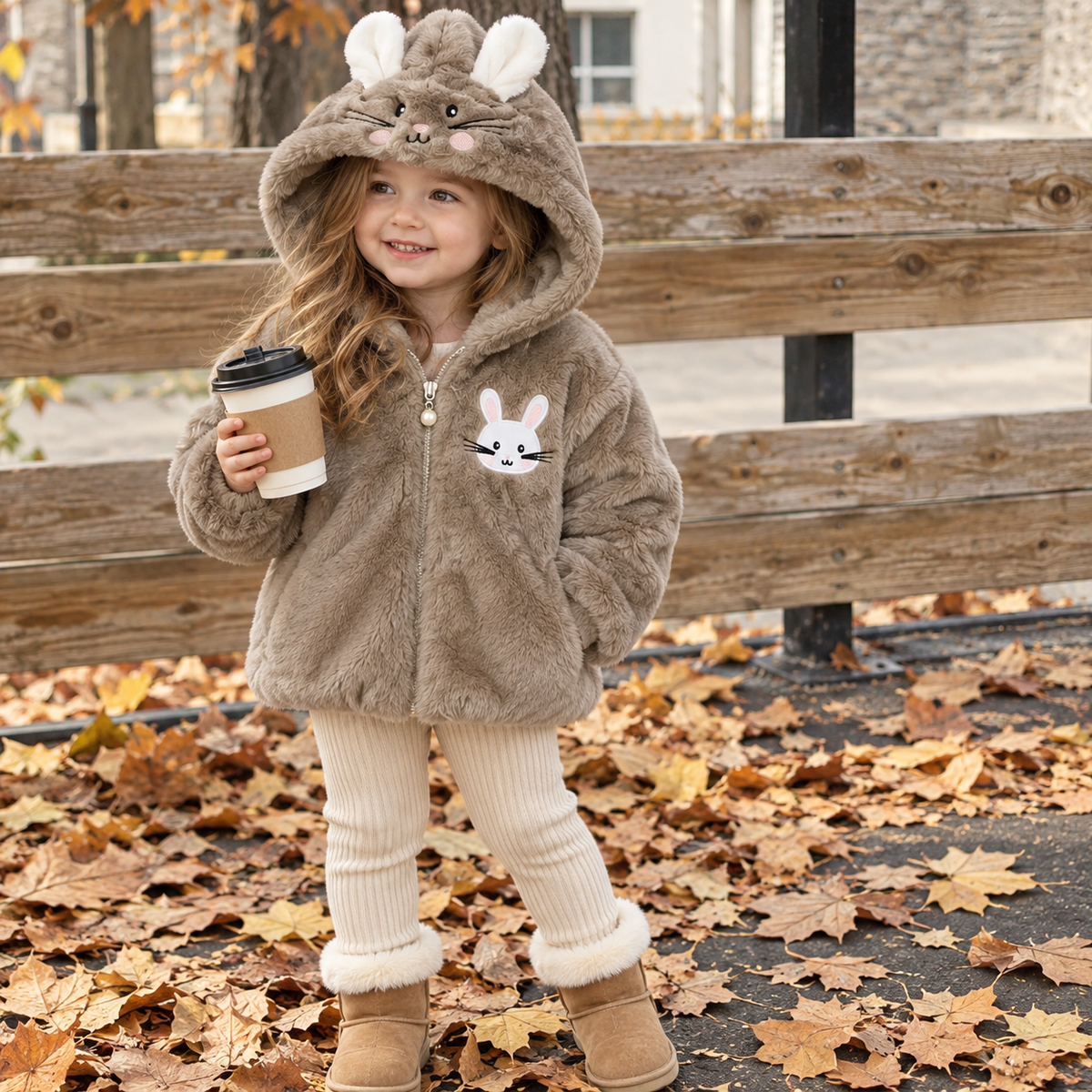 Brown bunny face fur hooded jacket for girls - Faba Kids