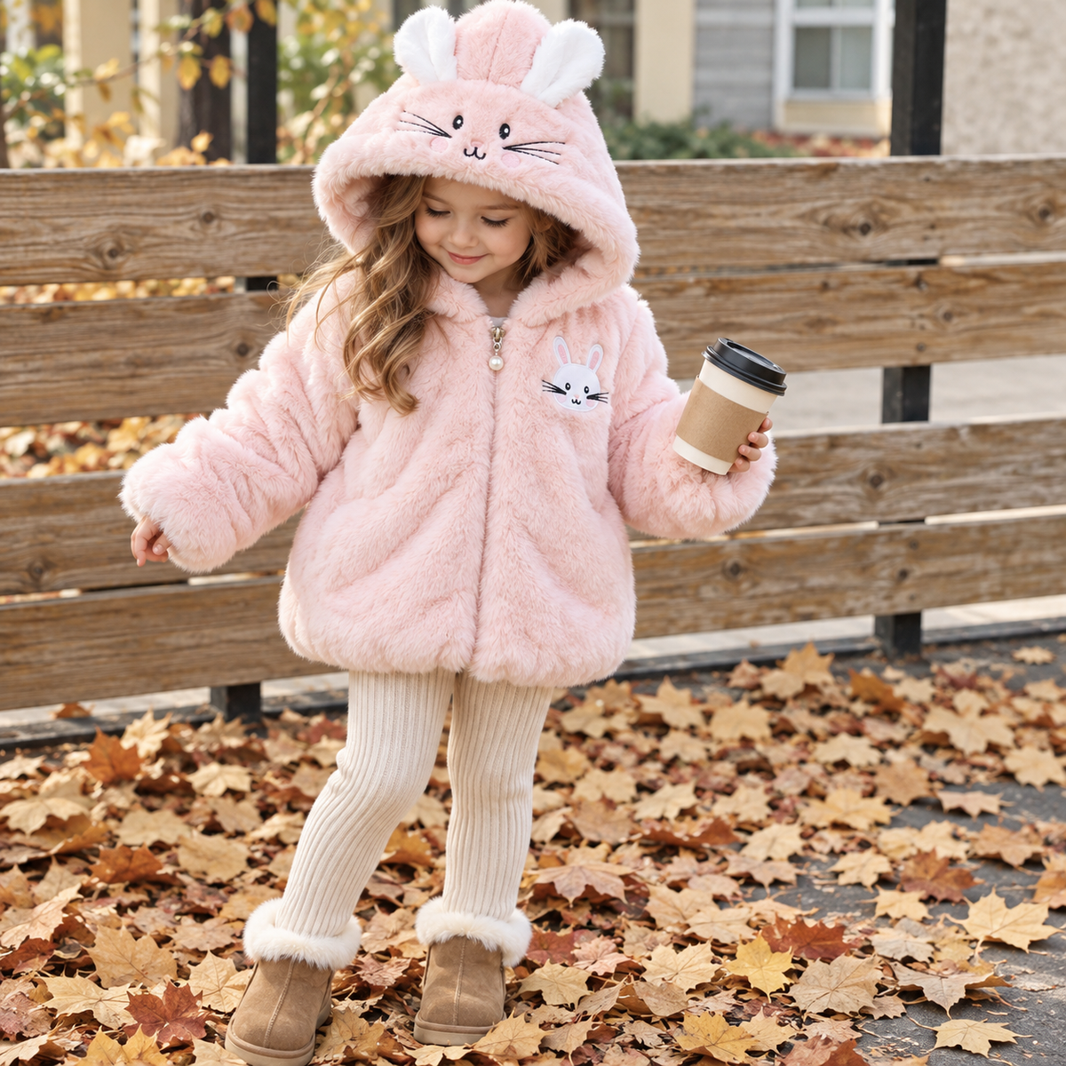 Pink bunny face fur hooded jacket for girls - Faba Kids