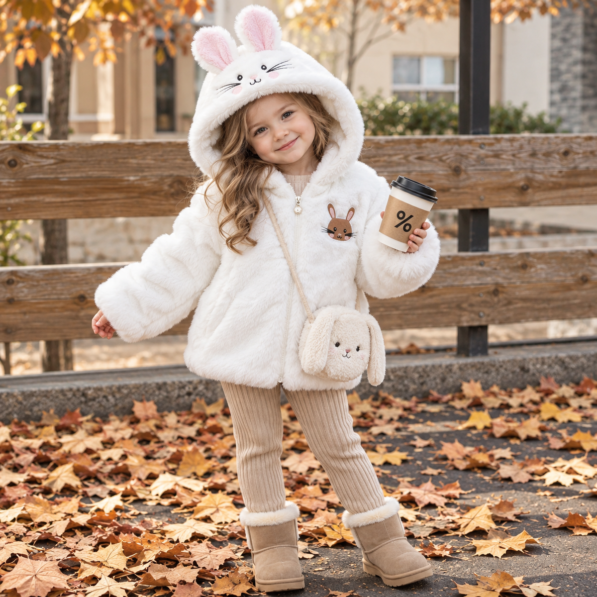 White bunny face fur hooded jacket for girls - Faba Kids