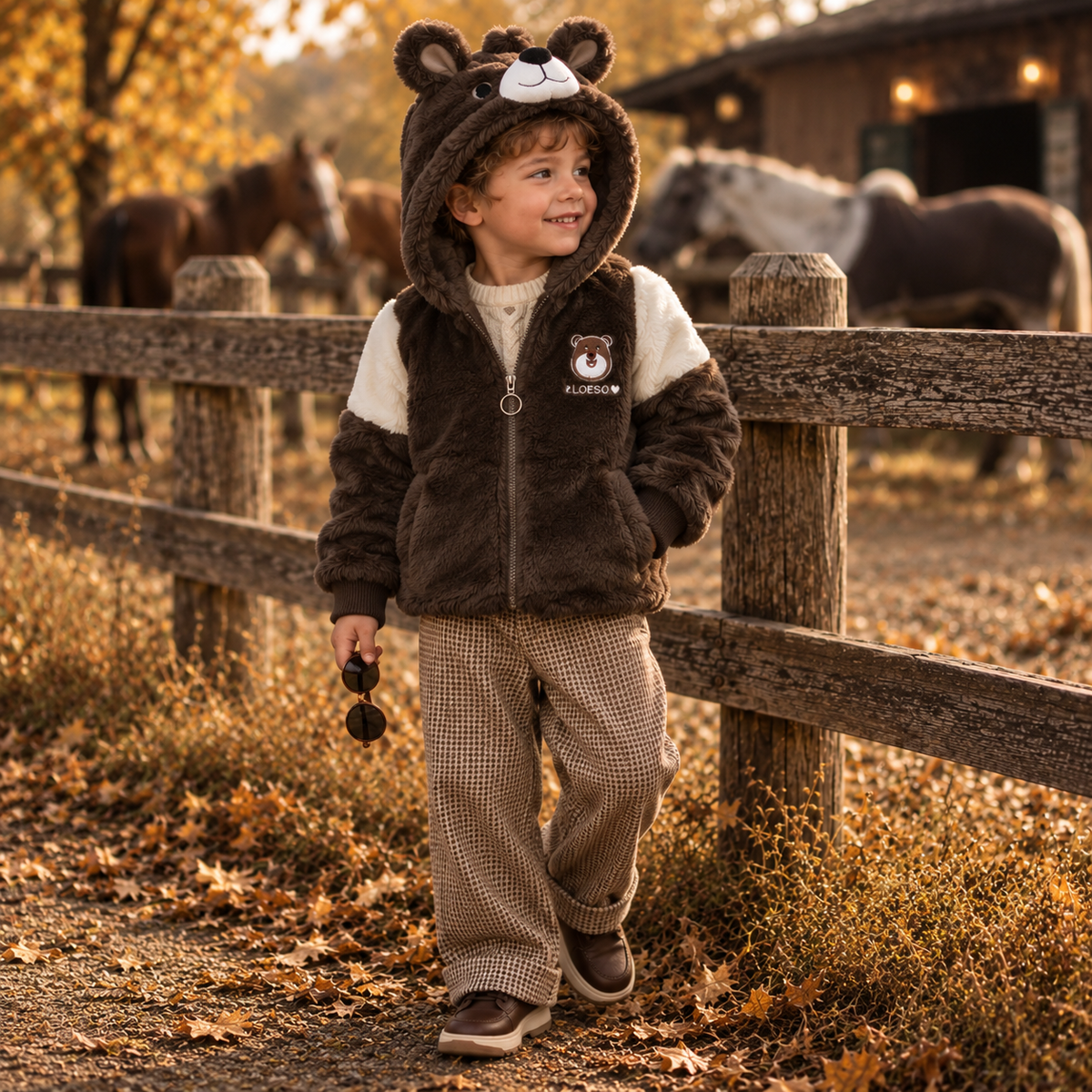 Brown teddy bear fur hooded jacket for boys - Faba Kids