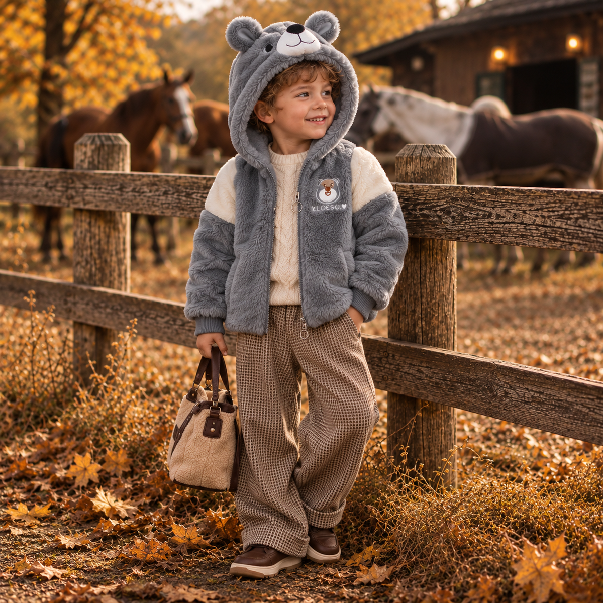 Grey teddy bear fur hooded jacket for boys - Faba Kids
