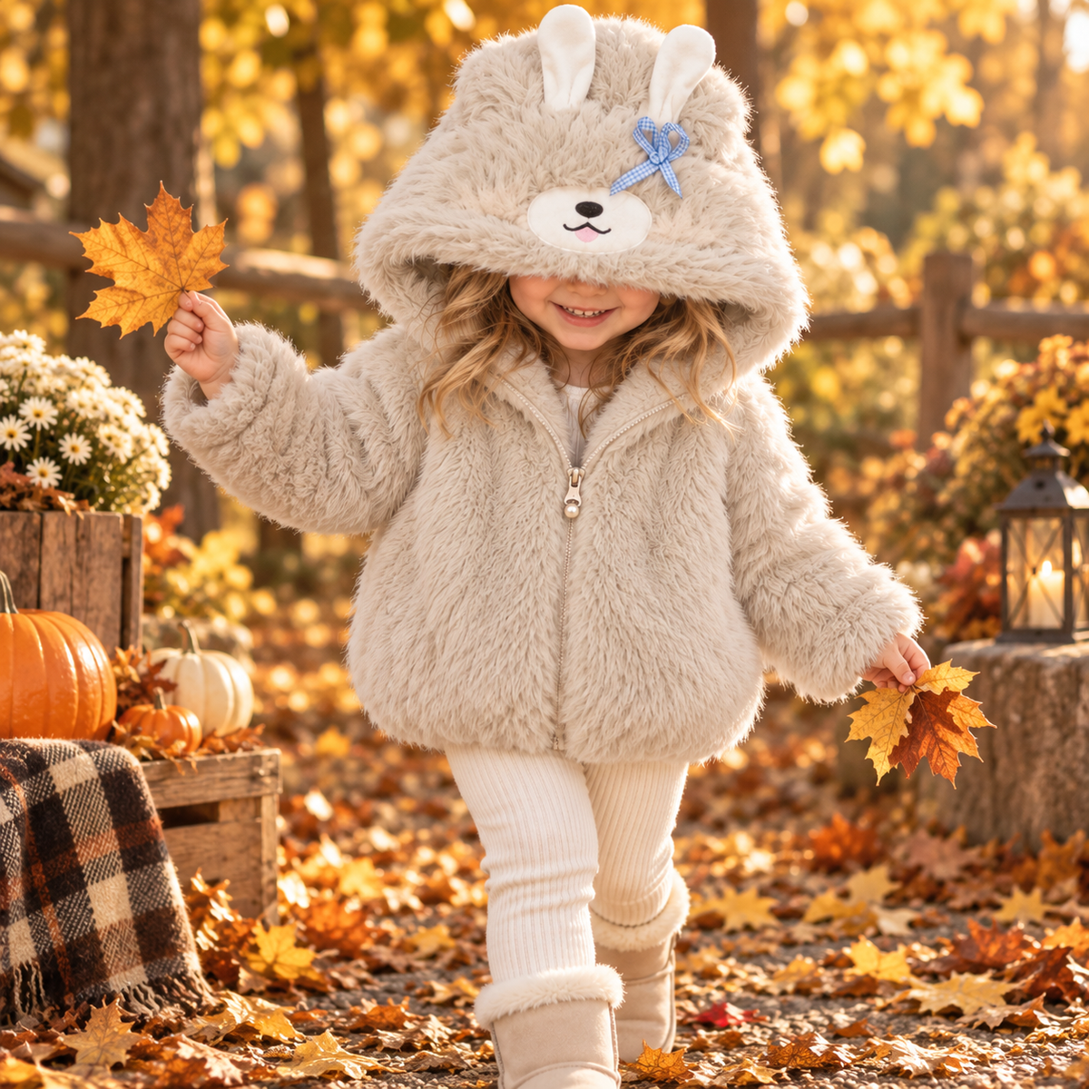 Beige bunny fur hooded jacket for girls - Faba Kids