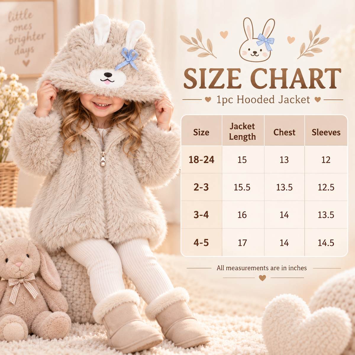 Bunny fur hooded jacket size chart in inches - Faba Kids