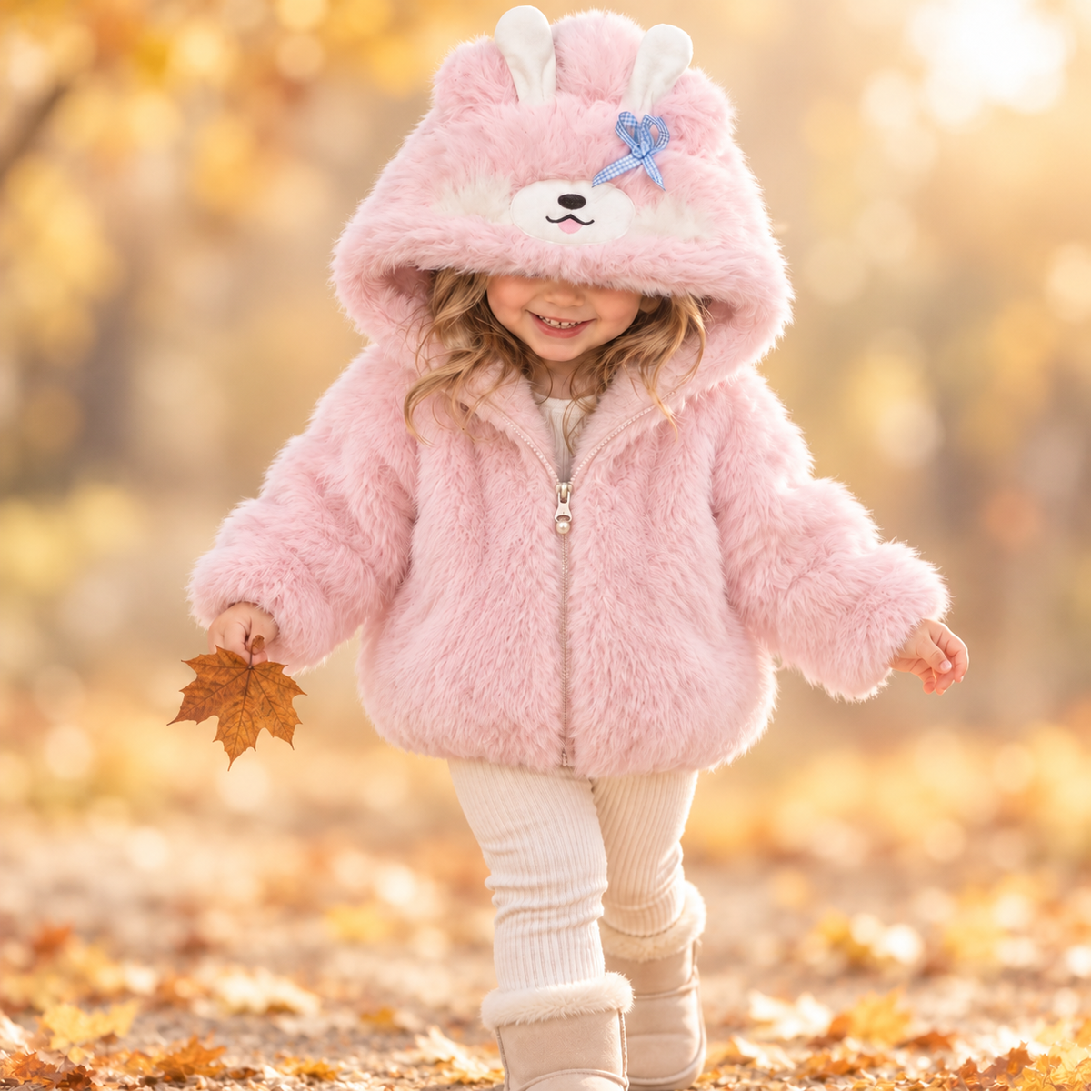 Pink bunny fur hooded jacket for girls - Faba Kids