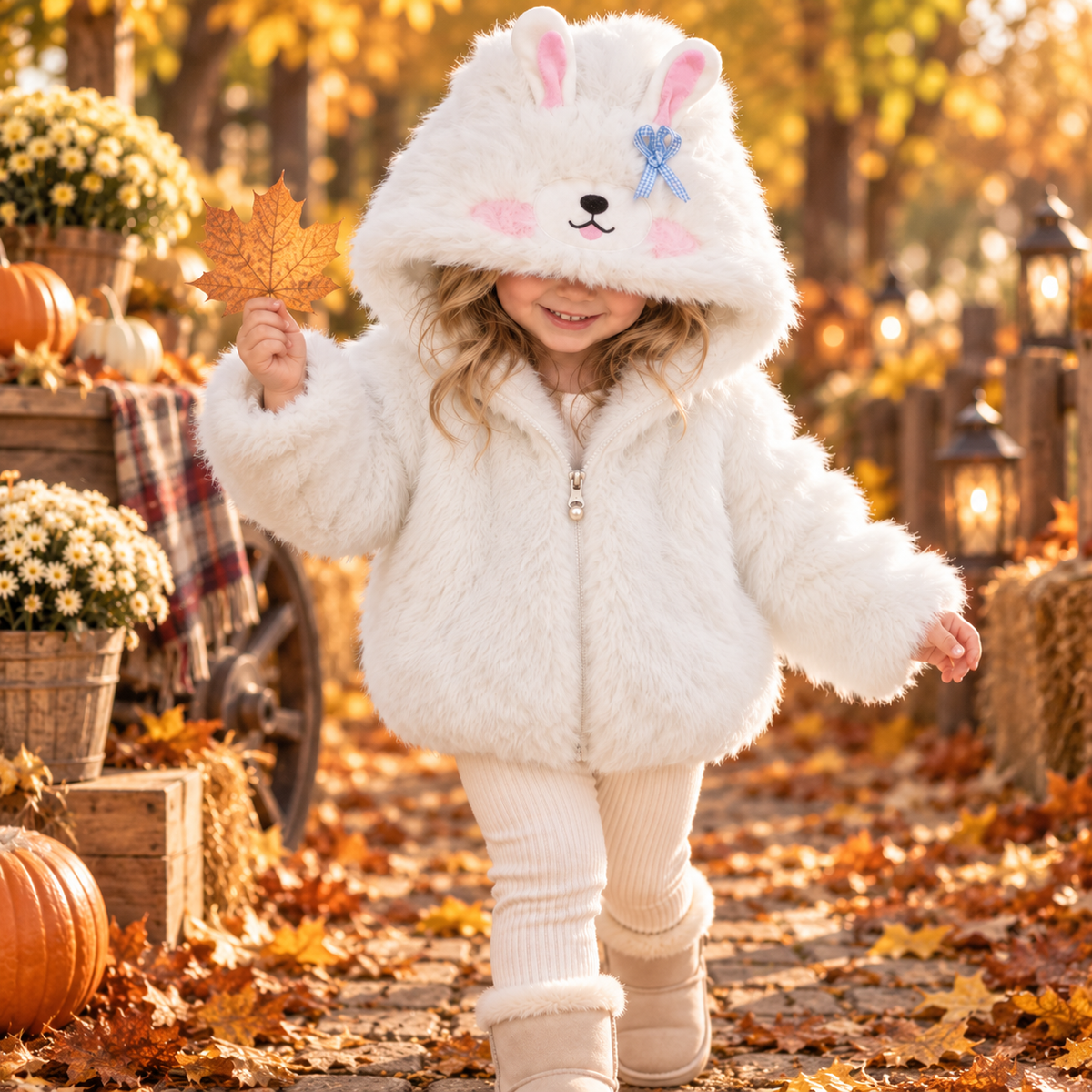 White bunny fur hooded jacket for girls - Faba Kids