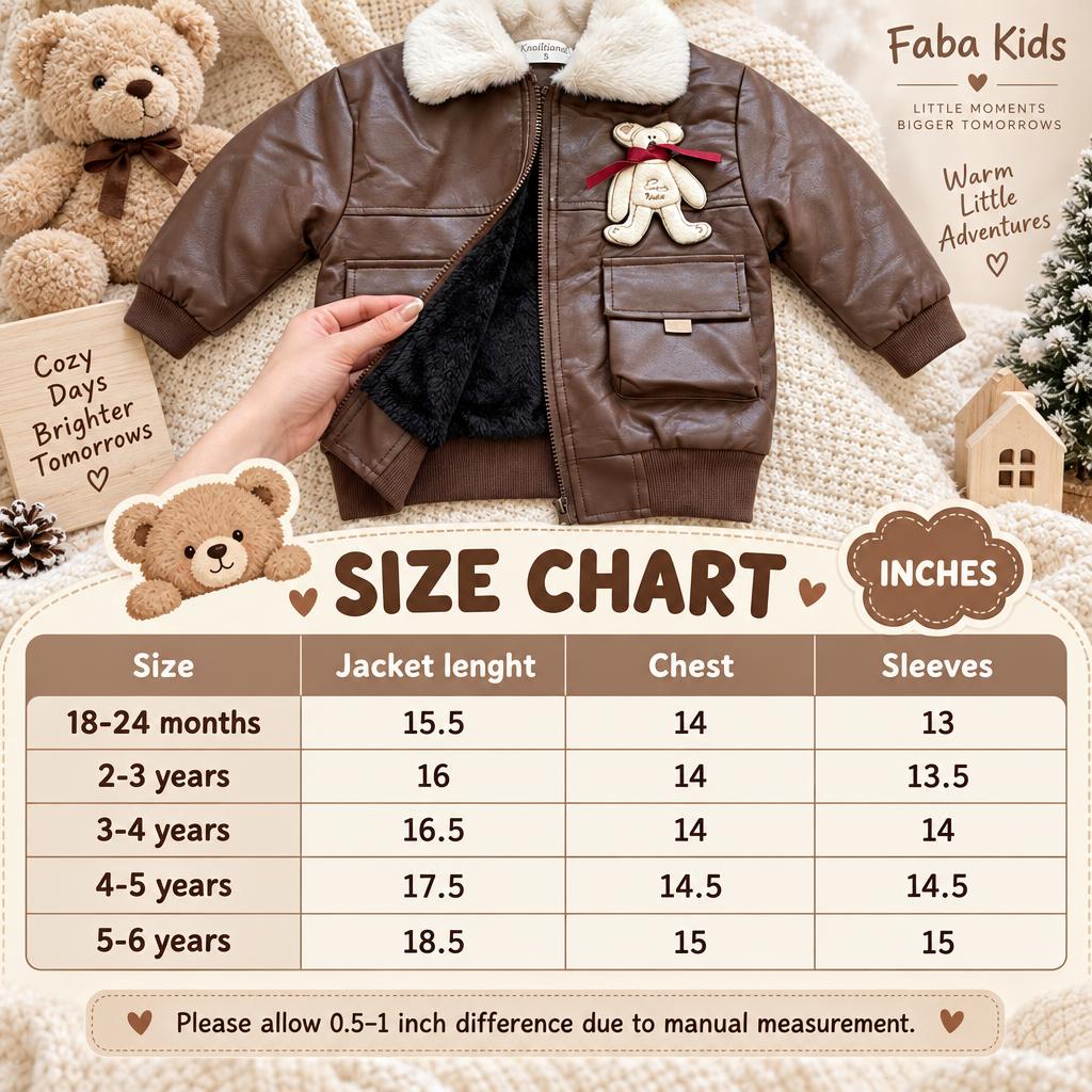 Kids Brown teddy patch leather-look winter jacket size chart showing sizes 18-24 months to 5-6 years and jacket length, chest and sleeve measurements in inches.