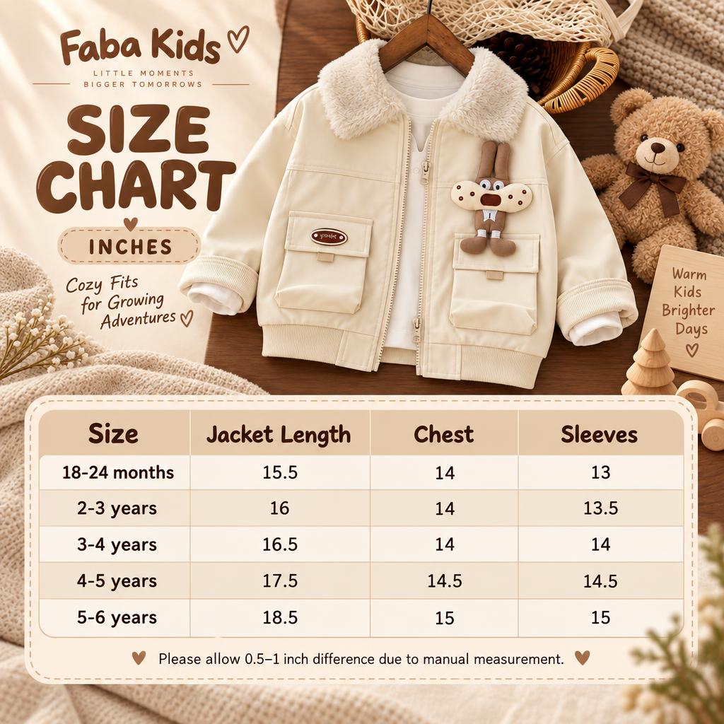 Faba Kids size chart for the Cream bunny patch leather-look jacket, showing measurements in inches for 18-24 months through 5-6 years.