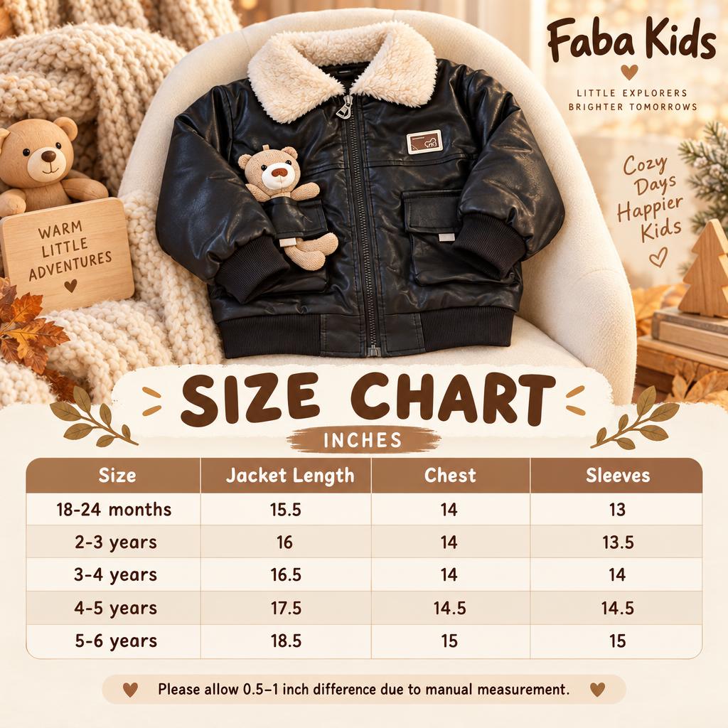 Faba Kids size chart for the Black teddy pocket leather-look jacket, showing measurements for 18-24 months through 5-6 years.