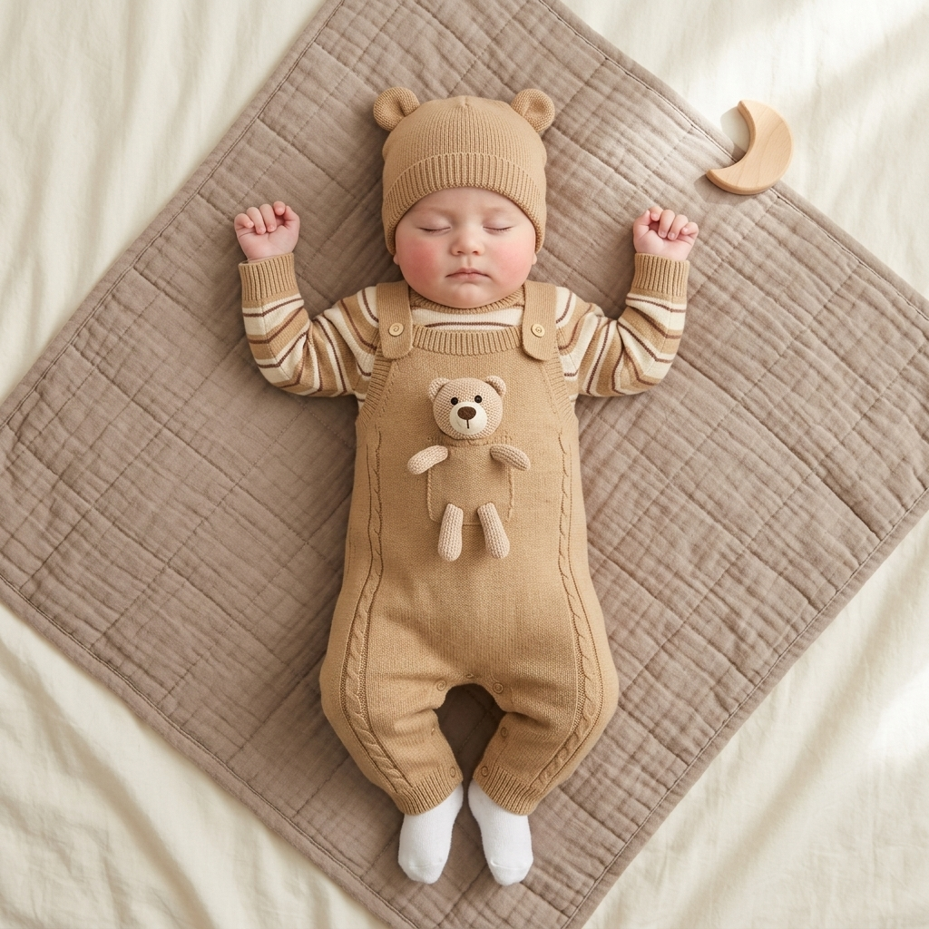 Beige 2pc teddy dungaree set for baby boys - Faba Kids