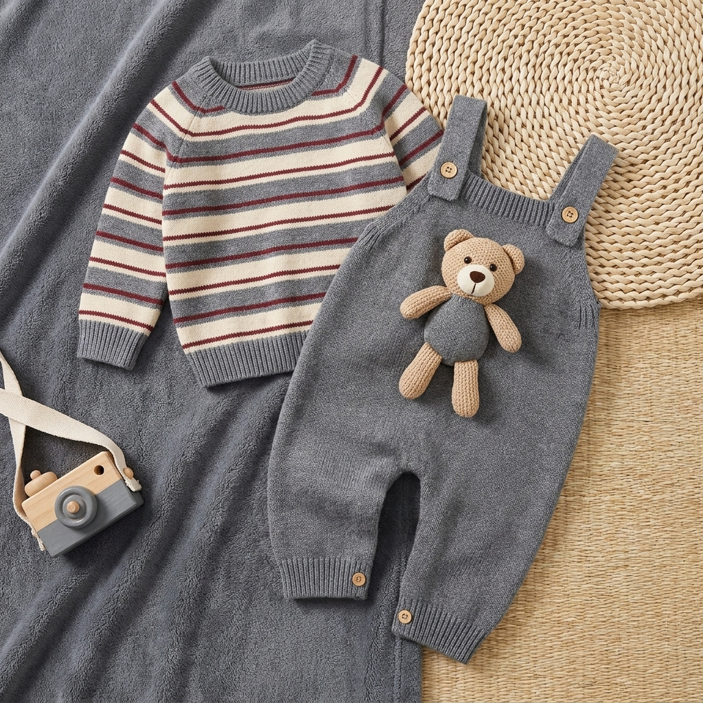 Grey 2pc teddy dungaree set flat lay - Faba Kids