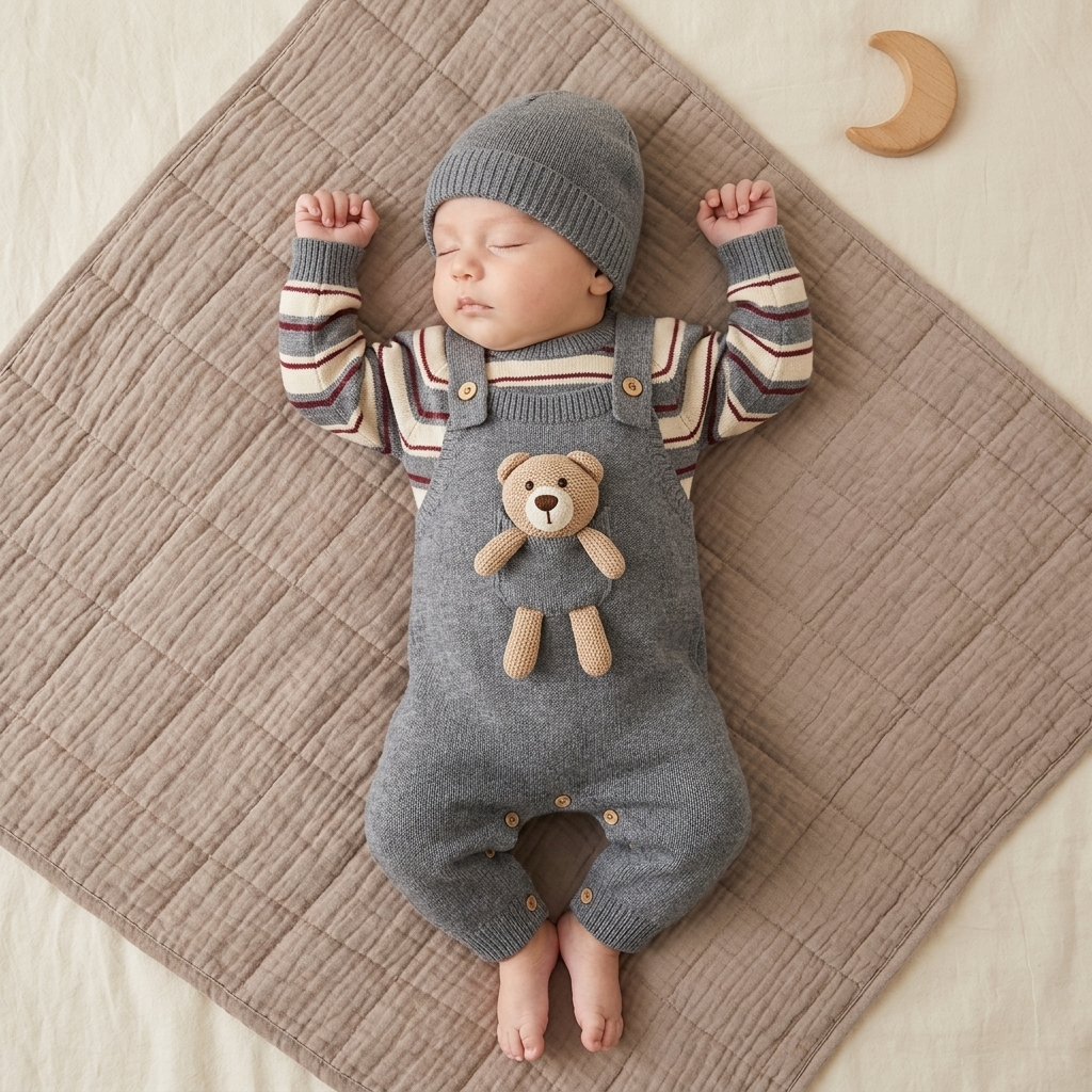 Grey 2pc teddy dungaree set for baby boys - Faba Kids