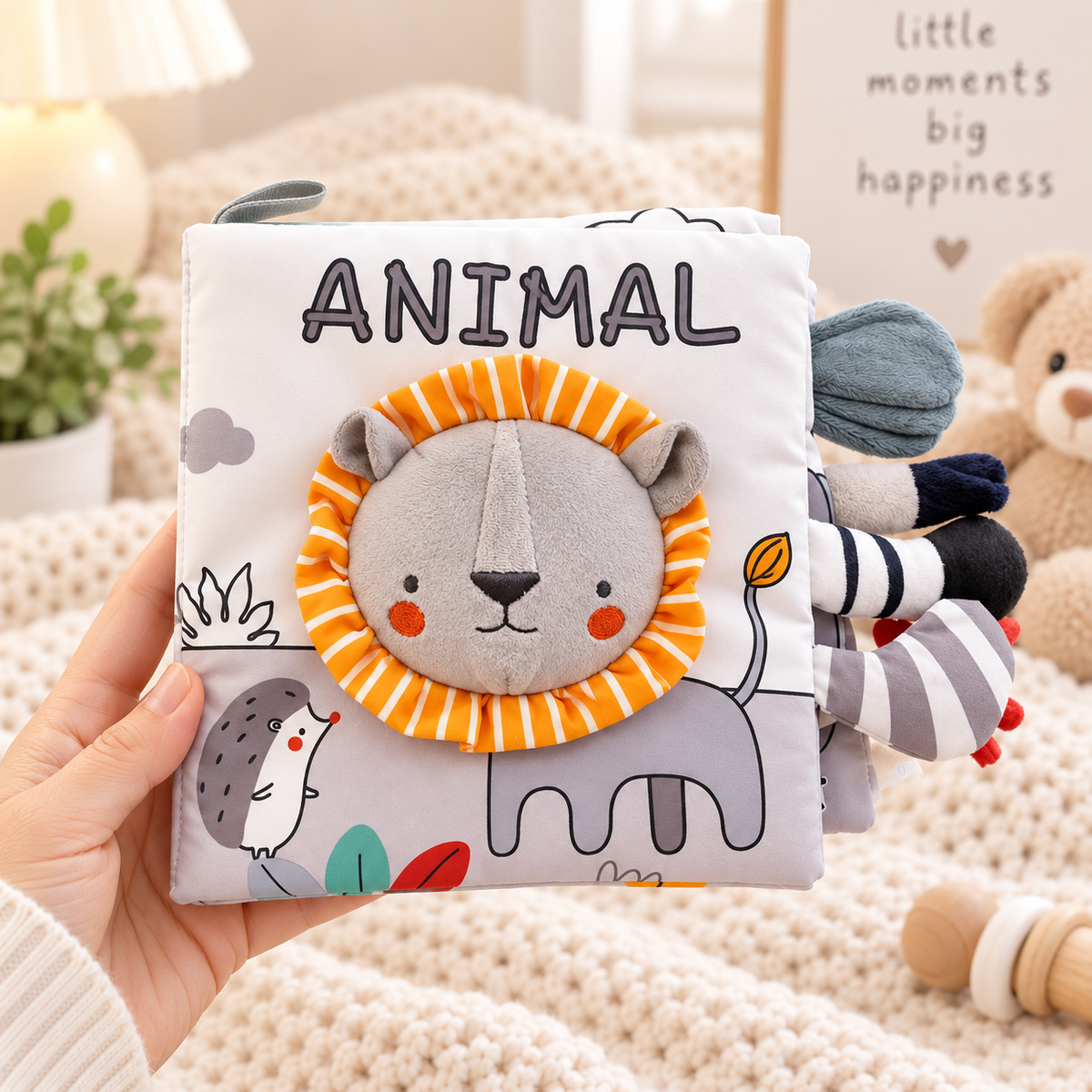 Lion plush sensory character book for babies