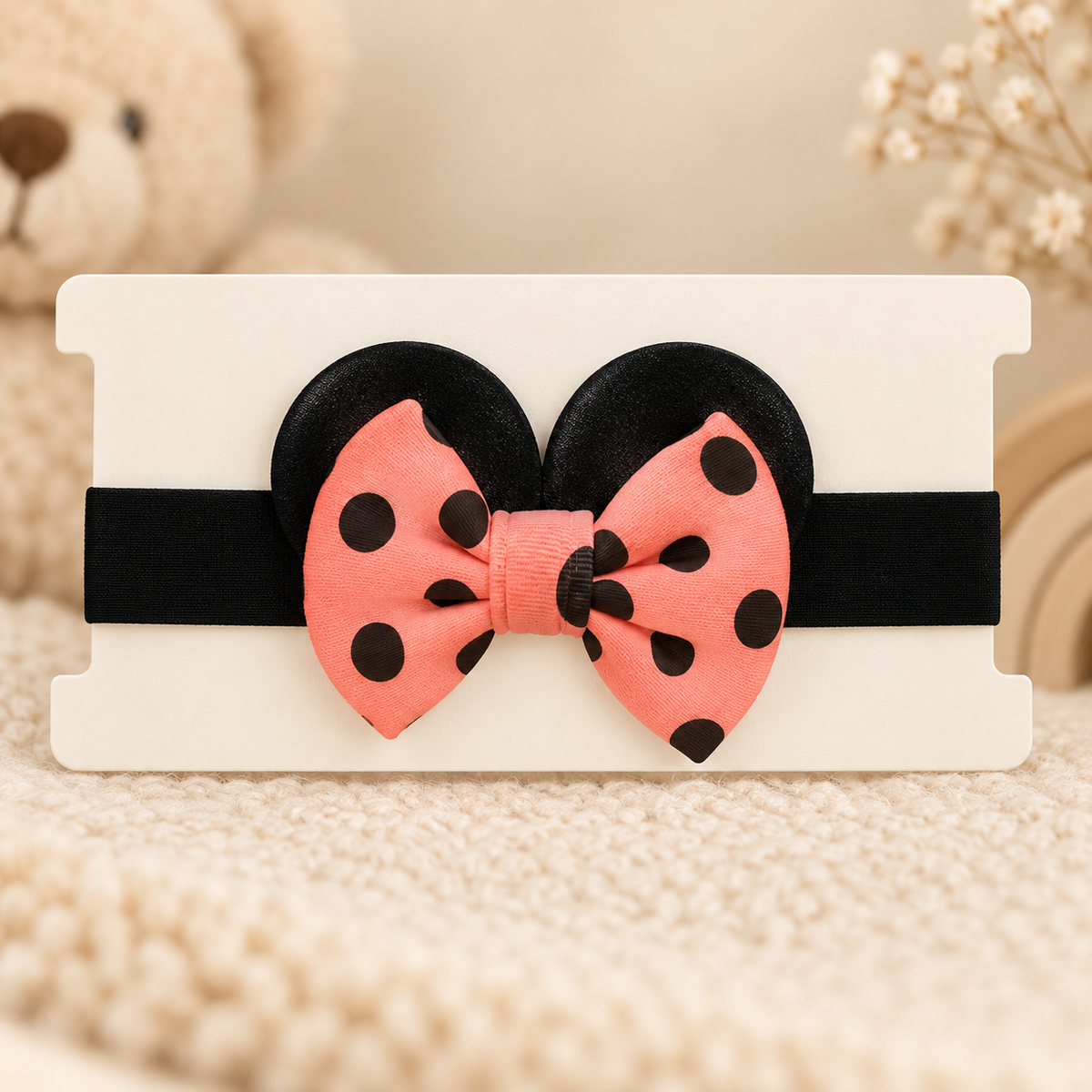 Girls orange polka dot ear bow headband