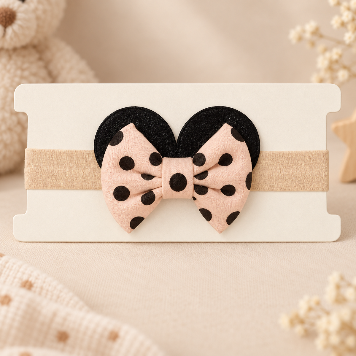 Girls peach polka dot ear bow headband