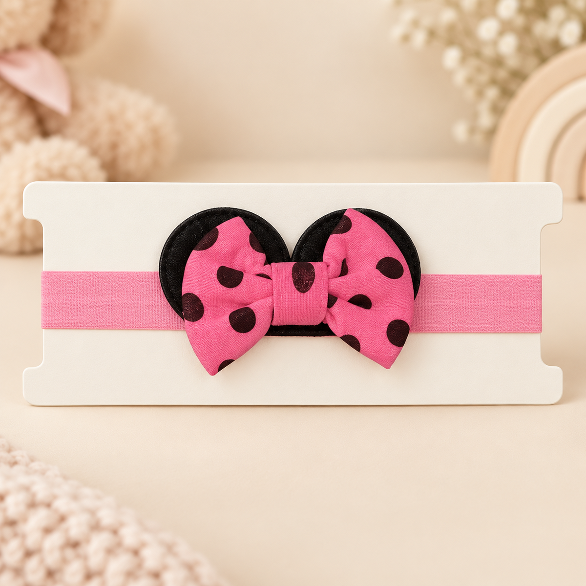 Girls pink polka dot ear bow headband