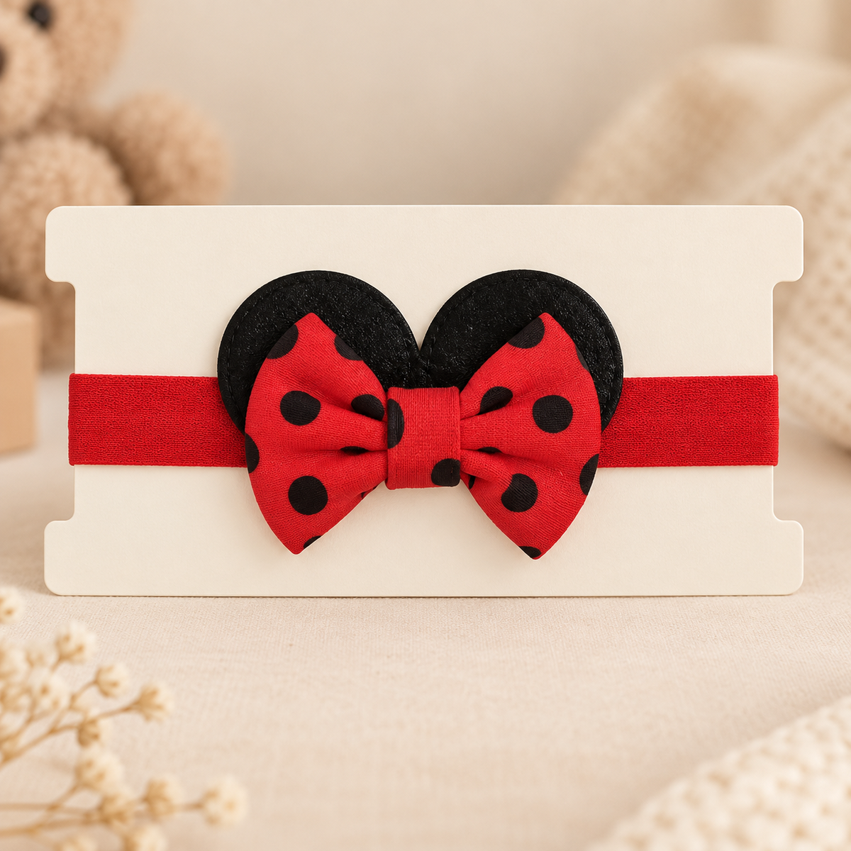 Girls red polka dot ear bow headband
