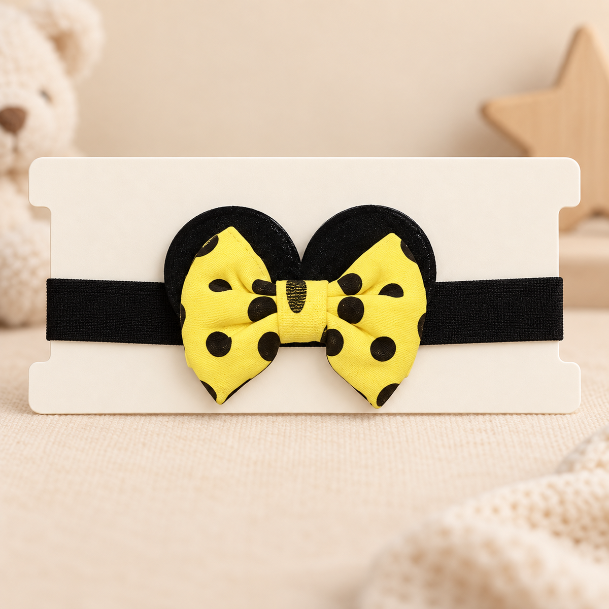 Girls yellow polka dot ear bow headband