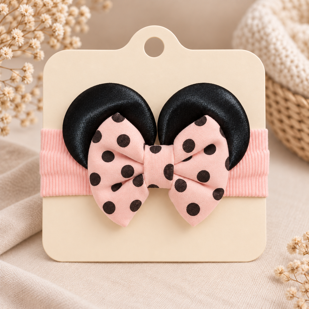 Girls peach polka dot bow ear headband