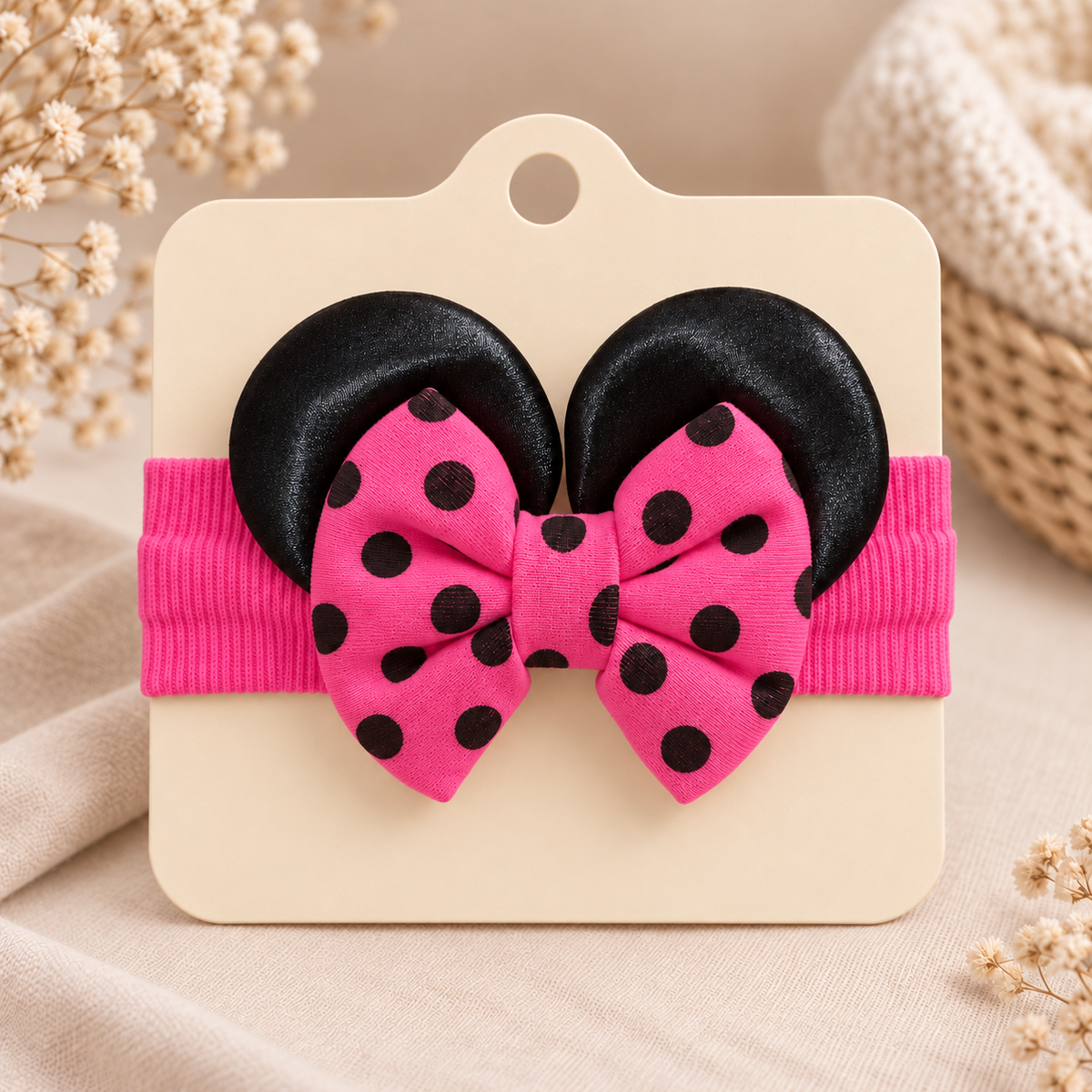 Girls pink polka dot bow ear headband