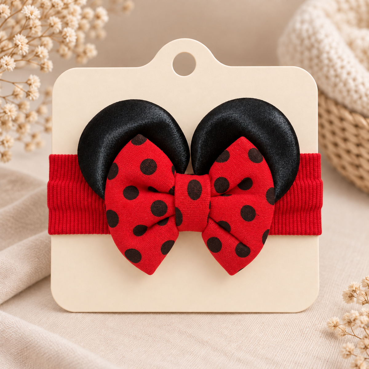 Girls red polka dot bow ear headband