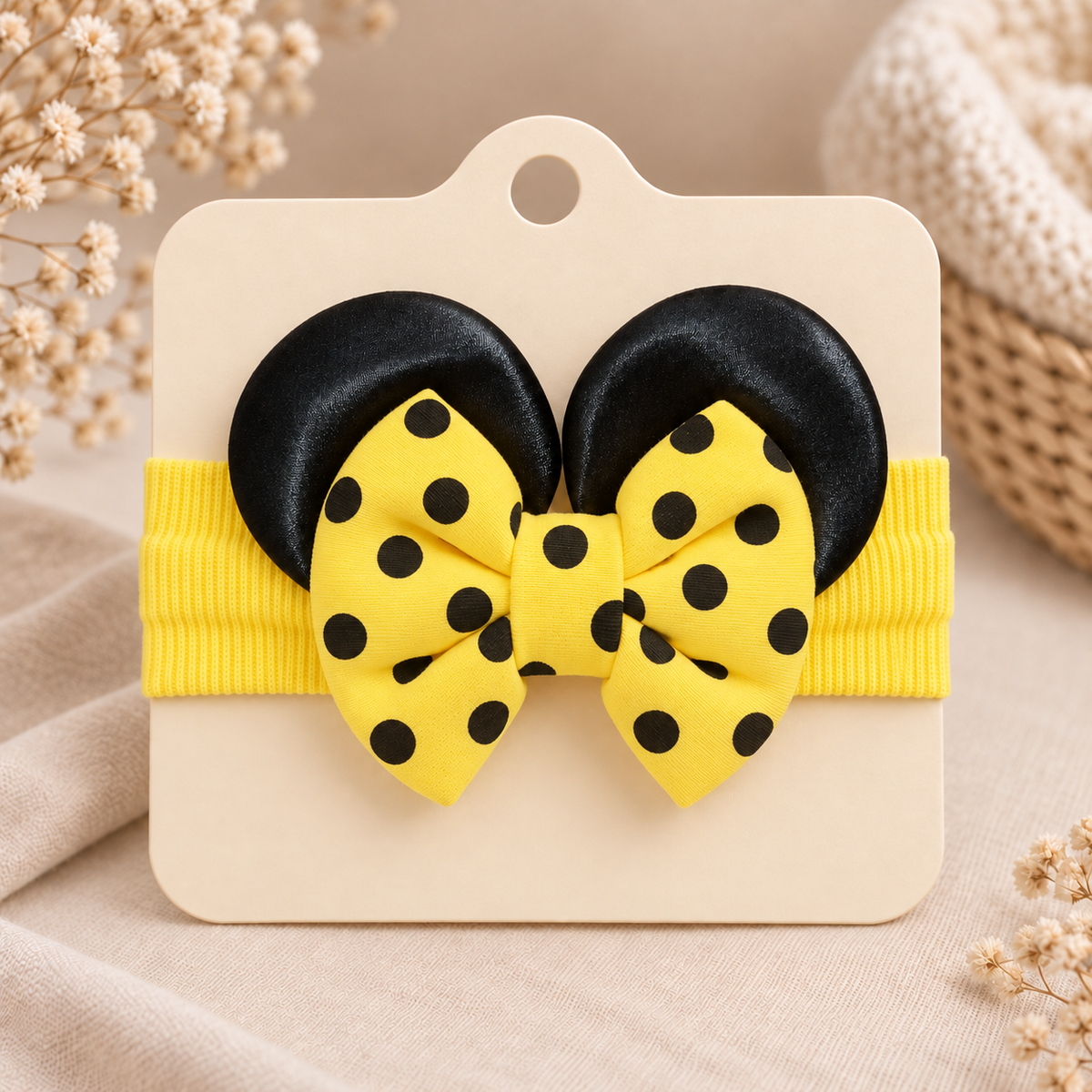 Girls yellow polka dot bow ear headband