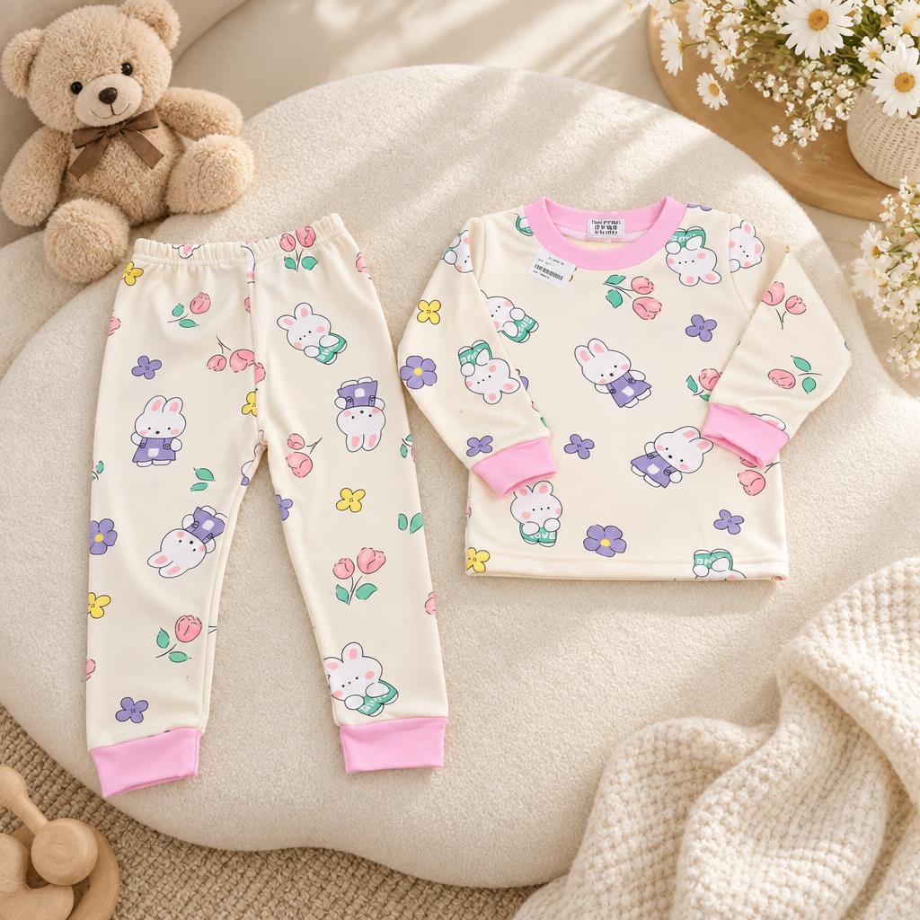 Cream bunny and flower print long-sleeve shirt with matching elastic-waist trousers, shown in a styled flat lay with pink ribbed trims.