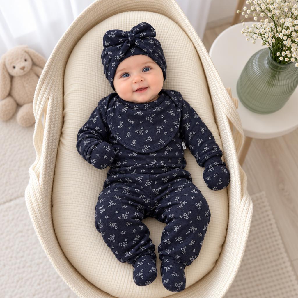 Baby wearing a Navy Blue floral-print 6-piece starter set in a cushioned basket, with a large matching bow headwrap, rounded bib and mittens.