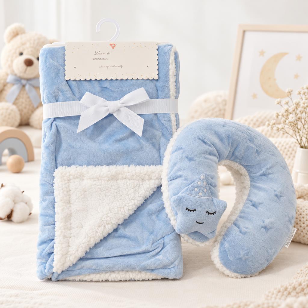 Light Blue plush baby blanket and round neck pillow 2-piece set, showing a White sherpa-look blanket reverse and sleepy star character pillow.