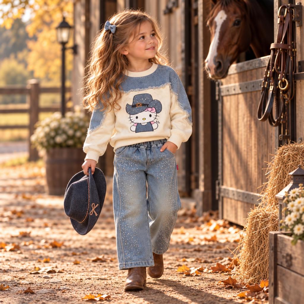 Girl wearing the White and Blue kitty cowgirl sweatshirt with light Blue glitter-detail denim-look trousers, shown walking outdoors.