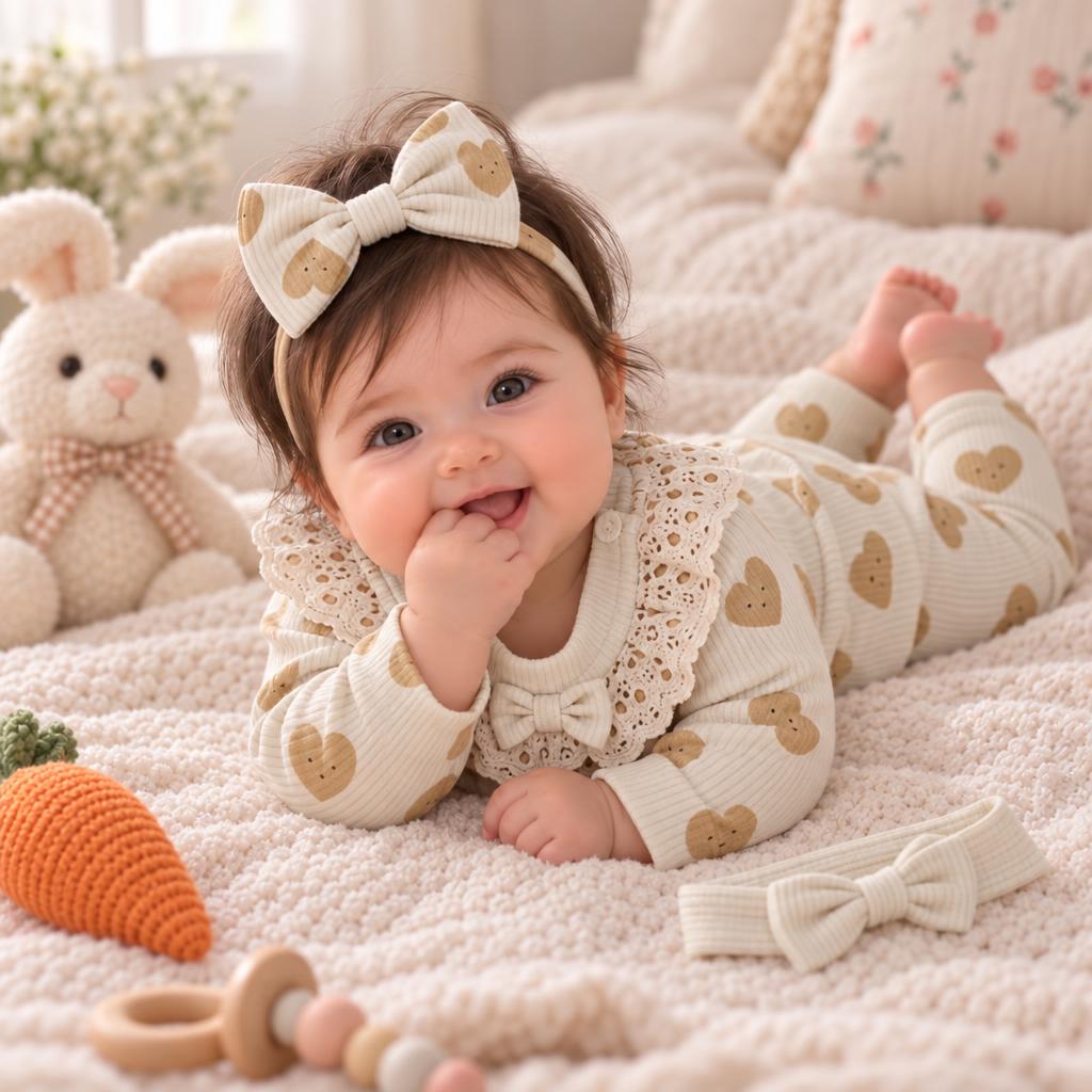 Baby wearing the cream bear-face ribbed top and matching bow headband while lying on a soft bed, highlighting the ruffle collar and neckline bow.