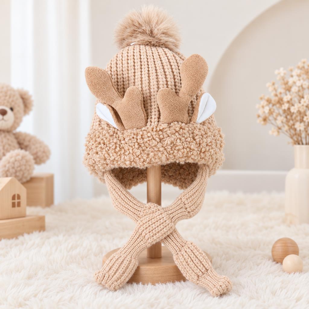 Cream-Beige baby deer earflap winter cap displayed on a wooden stand, featuring soft Brown antlers, White inner ears, a fluffy top pom pom and long crossed knit-look ties.