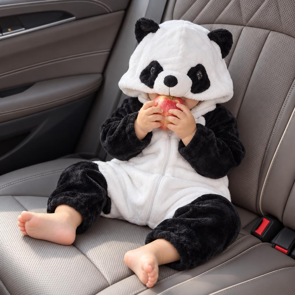 Baby seated in a car wearing the Black and White panda-inspired plush romper, with the oversized panda face hood and centre-front zip visible.