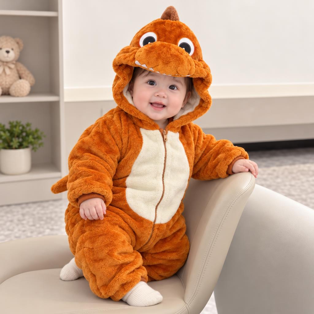 Baby wearing the Orange dinosaur-style plush hooded romper, showing the large eye-and-snout hood, Cream tummy panel and front zip while seated on a chair.