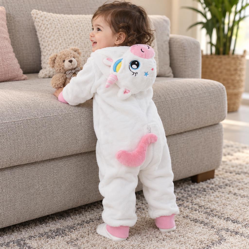 Toddler wearing the White and Pink unicorn plush romper from the back, showing the unicorn-face hood, colourful mane detail and Pink tail.