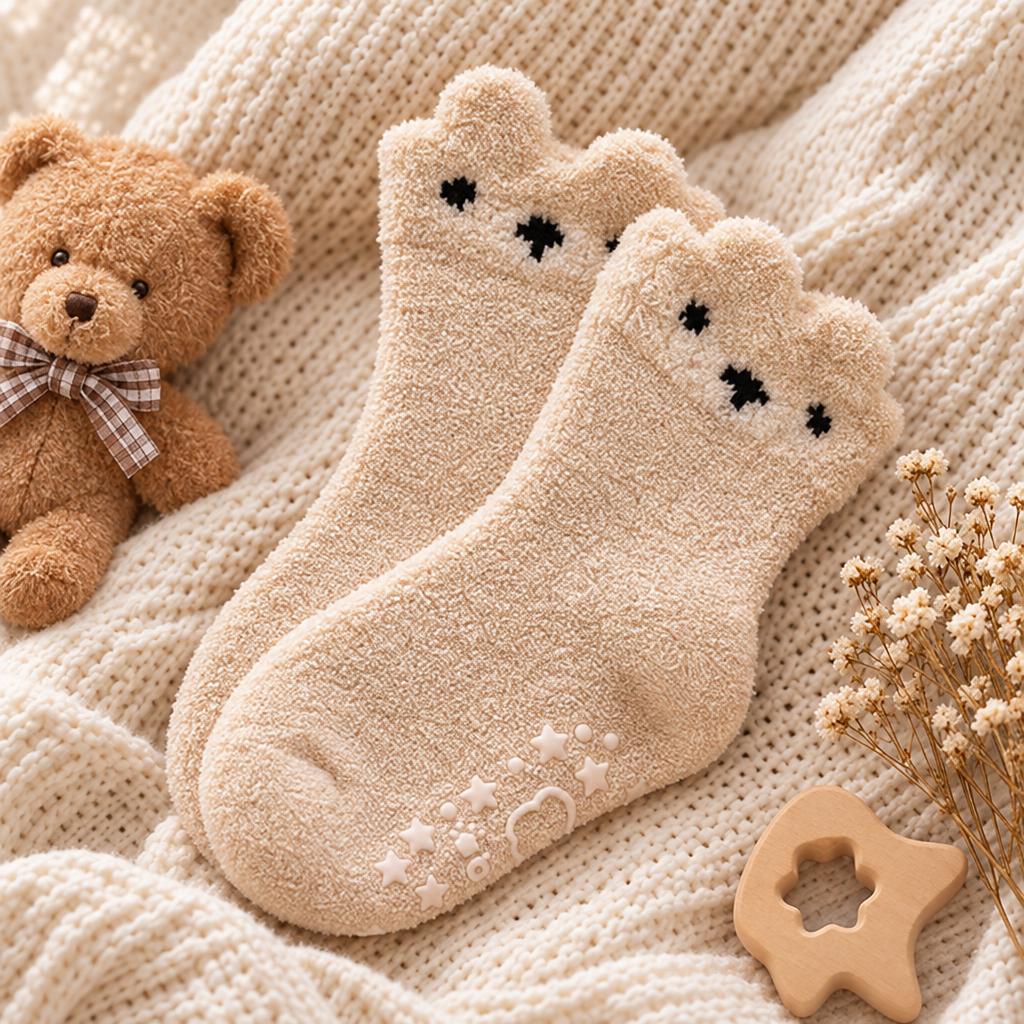 Beige fluffy soft wool socks displayed on a cream knit blanket, featuring rounded bear ears, embroidered bear faces and White anti-slip sole grips.