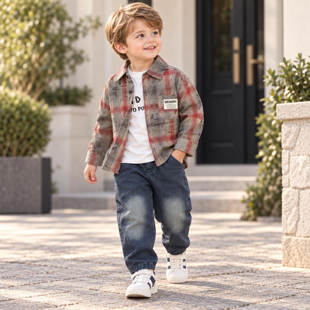 Boy wearing the Red and Grey check overshirt layered over a White inner with relaxed Blue denim-look baggy pants.