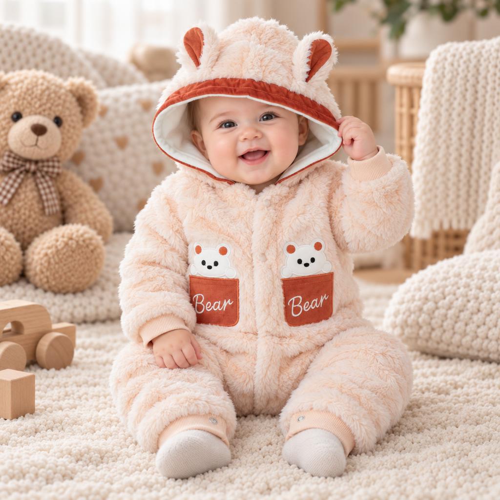 Baby Bear Pocket Shaggy Hooded Romper