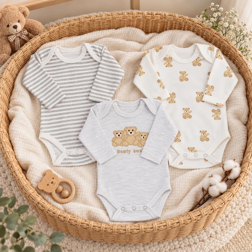 Grey and White long-sleeve baby bodysuit pack in a wicker basket, showing a striped bodysuit, teddy print bodysuit and central teddy graphic with Beary two wording.