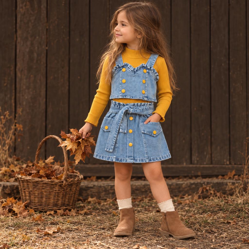 Girl wearing the Yellow ribbed inner, light Blue denim ruffle waistcoat and belted button-front skirt 3-piece set outdoors.
