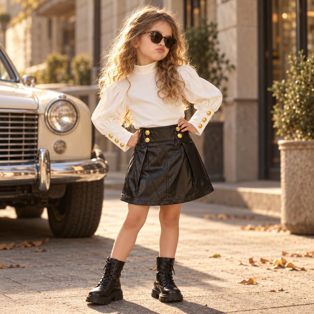 Girls Puff-Sleeve Shirt & Leather-Look Skirt 2PC Set
