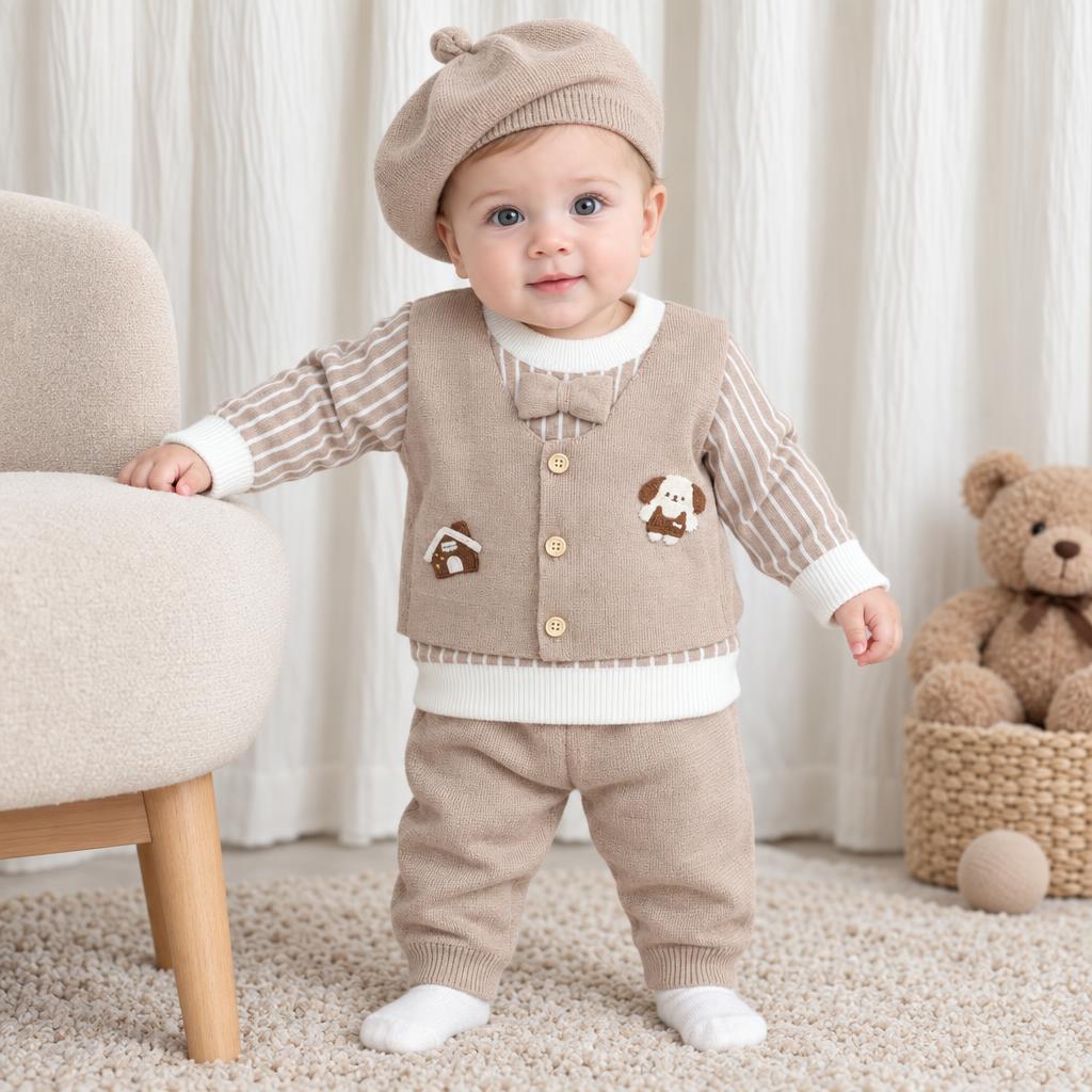 Baby Puppy Applique Knit Shirt, Trouser & Beret 3PC Set
