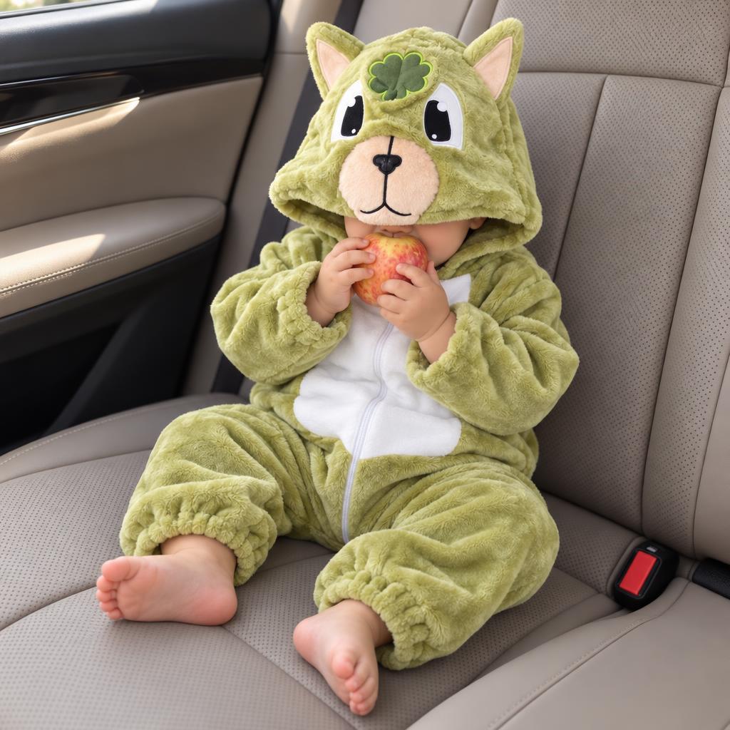 Baby seated in a car wearing the Green cat-inspired plush romper, featuring a pointed-ear character hood, clover detail and White tummy panel.