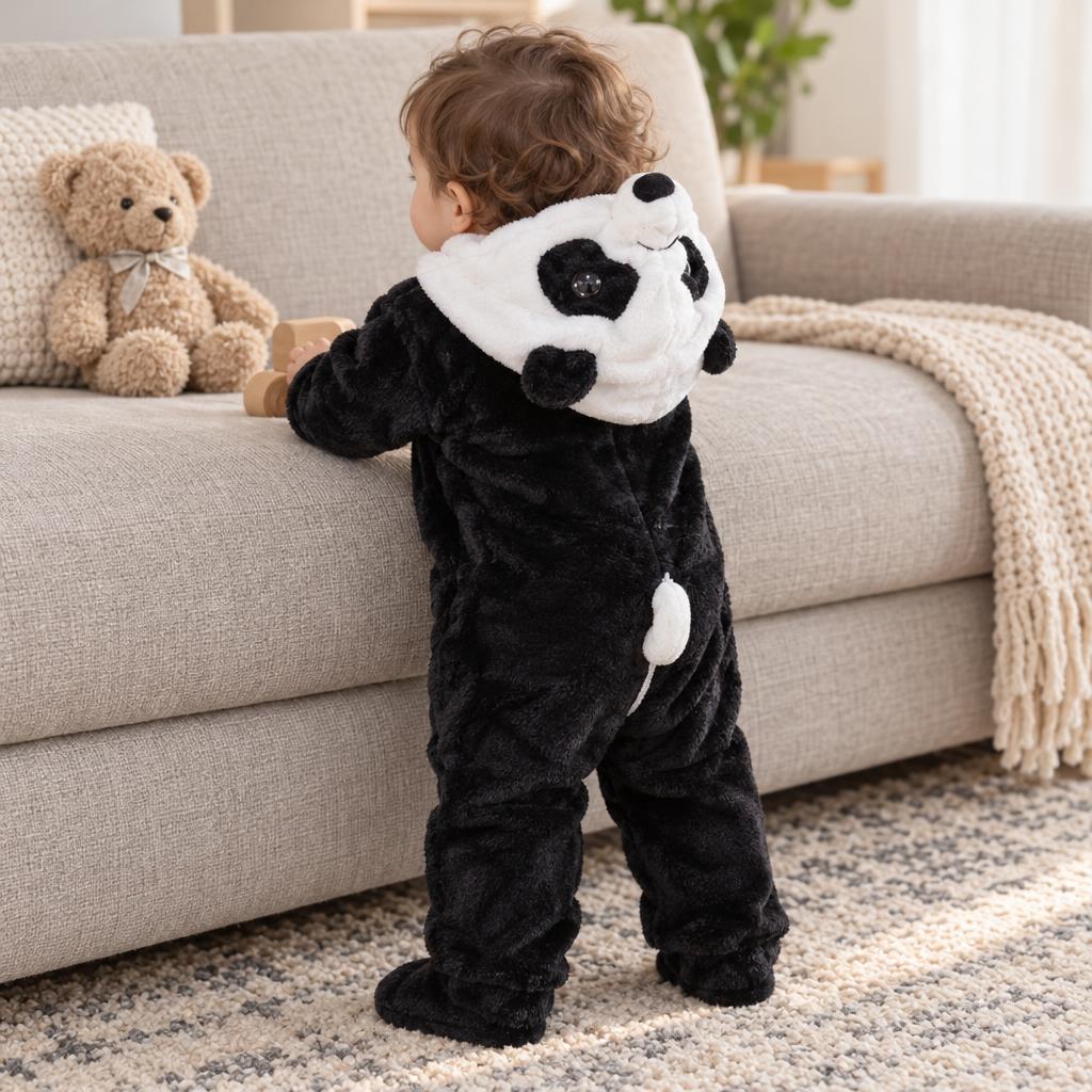 Toddler wearing the Black and White panda-inspired plush hooded romper from the back, showing the raised panda hood ears and small White tail detail.